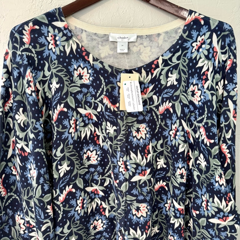 CJ Banks-Women’s Plus Navy Olive Floral Pattern-Button Down Sweater-Size 3X-NWT - Picture 2 of 8